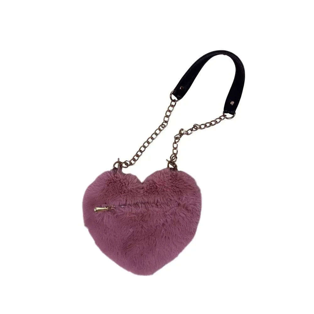 Fuzzy Heart Y2K Purse Gold Pink Coquette Kawaii Shoulder Bag Cute Aesthetic